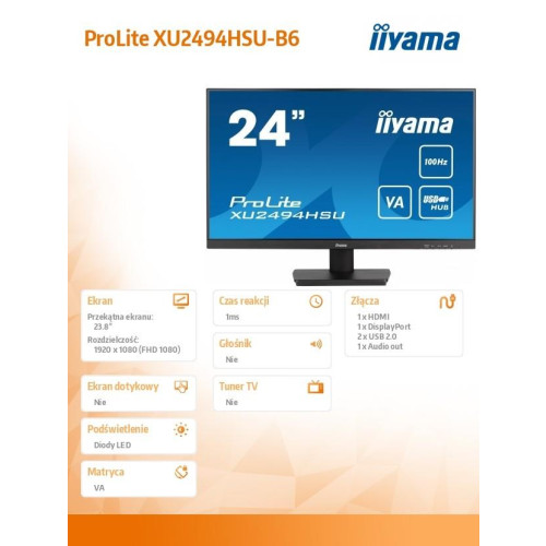 Monitor 23.8 cala ProLite XU2494HSU-B6 VA,FHD,HDMI,DP,100Hz,USBx2,SLIM-9827224