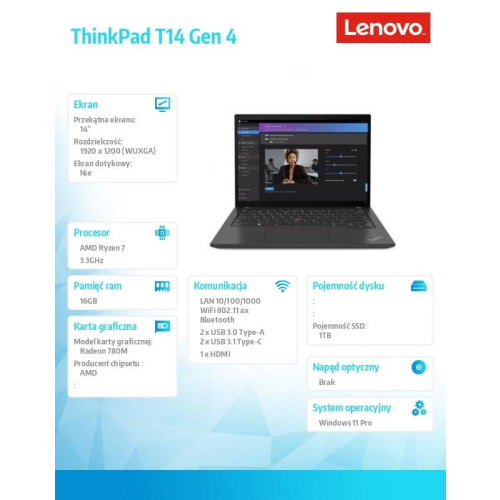Ultrabook ThinkPad T14 G4 21K3002MPB W11Pro 7840U/16GB/1TB/INT/14.0 WUXGA/Thunder Black/3YRS Premier Support + CO2 Offset -9856264