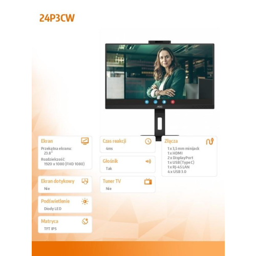 Monitor 24P3CW 23.8 cali IPS HDMI DP USB-C Pivot Kamera -9856432