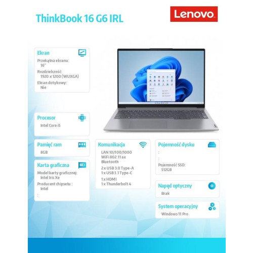 Notebook ThinkBook 16 G6 21KH0075PB W11Pro i5-1335U/8GB/512GB/INT/16.0 WUXGA/3YRS OS -9856545