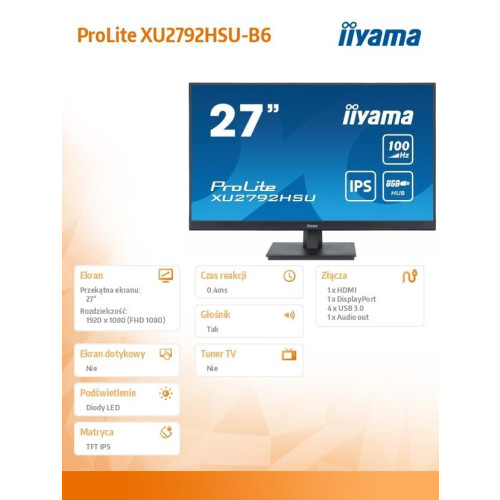 Monitor ProLite XU2792HSU-B6 27 cali IPS,FHD,HDMI,DP,100Hz,4xUSB3.2,SLIM,2x2W-9856997