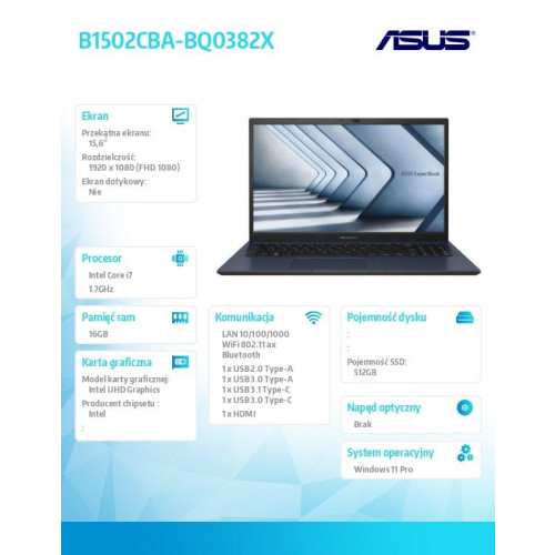 Notebook B1502CBA-BQ0382X i7-1255U 16GB/512GB/Windows11 Pro 36 mies gwarancja NBD-9857405