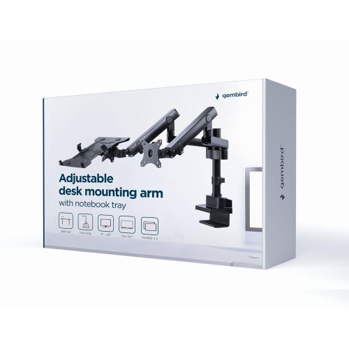 GEMBIRD BIURKOWE REGULOWANE RAMIĘ/UCHWYT NA 2 MONITORY + PÓŁKA NA NOTEBOOKA 17-32, VESA 100X100MM, DO 8 KG-9880827