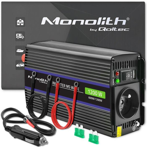 QOLTEC PRZETWORNICA NAPIĘCIA MONOLITH 1200 MS WAVE | 12V NA 230V | 600/1200W | USB-9887638