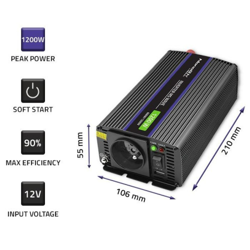 QOLTEC PRZETWORNICA NAPIĘCIA MONOLITH 1200 MS WAVE | 12V NA 230V | 600/1200W | USB-9887641