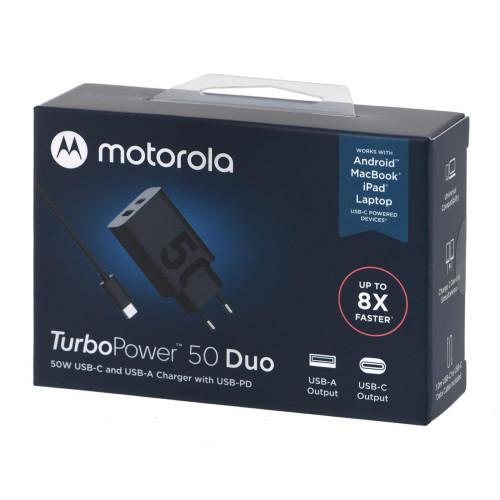 Motorola Charger TurboPower 50W Duo USB-C + USB-A  w/ USB-C cable, Black-9921647