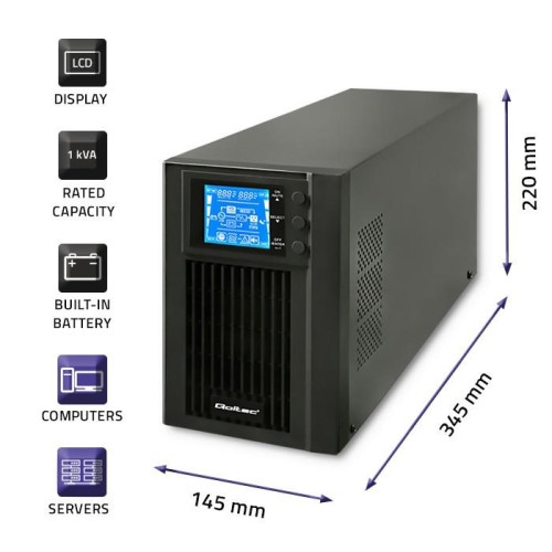 Zasilacz awaryjny UPS, on-line, czysta fala sinusoidalna, 1KVA, 800W, LCD, USB-9966295