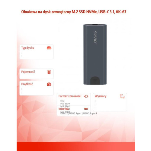Obudowa na dysk zewnętrzny M.2 SSD NVMe, USB-C 3.1, AK-67-9968773