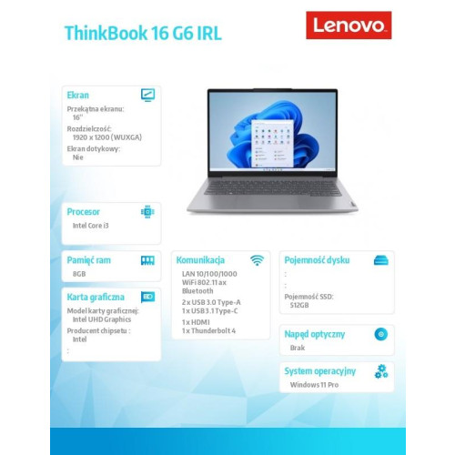 Laptop ThinkBook 16 G6 21KH0078PB W11Pro i3-1315U/8GB/512GB/INT/16.0 WUXGA/Arctic Grey/3YRS OS + CO2 Offset -9968942