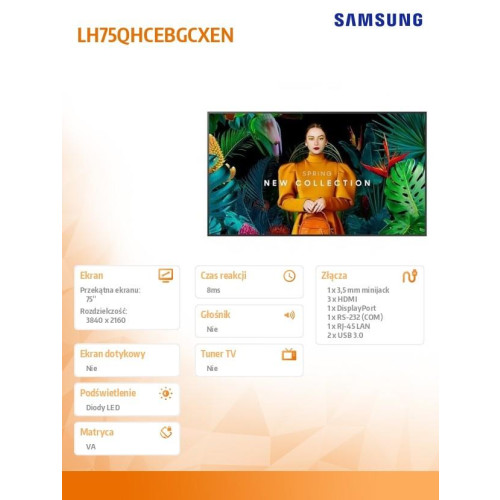 Monitor profesjonalny QH75C 75 cali Matowy 24h/7 700(cd/m2) 3840 x 2160 (UHD) S10 Player (Tizen 7) Wi-Fi/BT 3 lata On-Si
