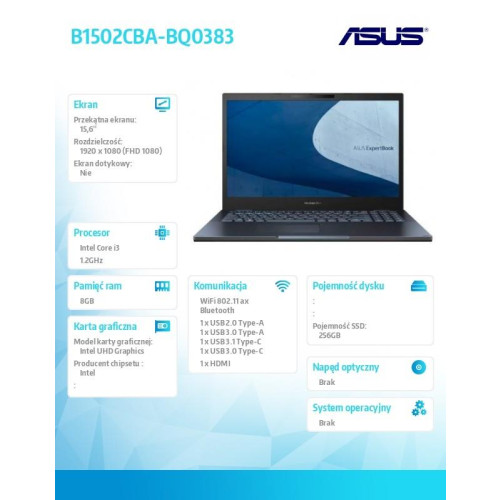 Notebook B1502CBA-BQ0383 i3 1215U 8GB/256GB/int/noOS/15.6